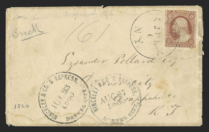 Hinckley & Cos Express Denver City, Jul 23, 1860, their circular datestamp while Kansas Territory on westbound cover to Denver City, K.T., originated with 3c Dull red (26,
natural s.e. at left) tied by Afton, N.Y.Jul 6 datestamp, pencil
