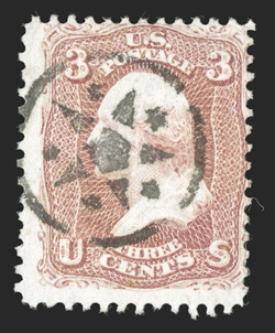 65, 3c Rose, bright and fresh single cancelled by a fancy 5-point star in segmented circle postmark of Putnam, Ct. (S-E ST-E29), very fine an exceptional and virtually complete
strike of this impressive fancy cancel, very fine 2009 PF cert