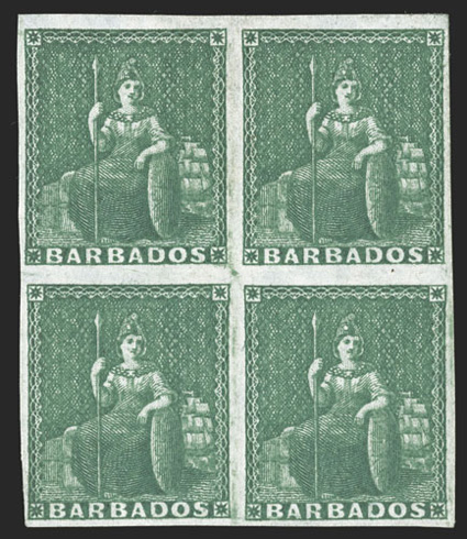 1, 1852 1p Deep green, mint block of four, large margins practically all around, deep color and impression, o.g., h.r. on top stamps, bottom stamps faintly hinged, very fine
(S.G. 2 £520+).
