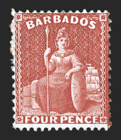 53b, 1875 4p Scarlet, perf. 14x12½, wmk. Crown CC, an especially fresh and attractive example of this key rarity of Barbados, possessing vivid color and a crisp clean
impression on bright paper, rather well centered, nearly full original gum (ca
