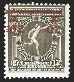 140a-142a, 1921 20c Surcharge on 5c+5c to 15c+15c Olympic games semi-postals, inverted surcharges cplt., o.g., lightly hinged, fine and scarce set 10c signed for some
inexplicable reason, Scott has deleted the listing for the 10c value with