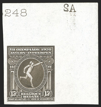 B48-50 var., 1920 5c+5c to 15c+15c Olympic games imperforate cplt., sheet margin singles, including 5c and 15c with top right corner margins, o.g., l.h., extremely fine
set.