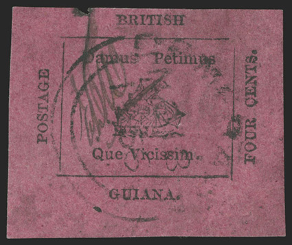 14, 1856 4c Black on magenta initialed E.D.W., full to very large margins all around, lightly cancelled, there is a tiny piece out at the top from ink erosion, otherwise a
very fine example of this classic rarity clear 1980 Friedl certificate