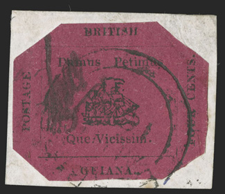 14, 1856 4c Black on magenta initialed E.D.W., cut to shape example tied neatly to small piece, especially deep paper color, a fine and affordable example of this rare stamp
1958 PF certificate (S.G. 25 £13,000).