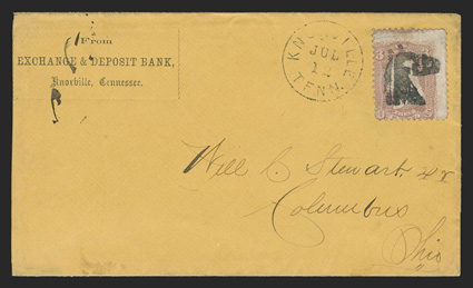 65, 3c Rose, cancelled by bold strike of fancy horses head cancel (Skinner-Eno PA-H1) on yellow cover to Columbus, Ohio with bankers corner card, matching Knoxville, Tenn.Jul
12 datestamp alongside, stamp with light diagonal crease and tiny