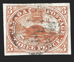 4d, 1852 3p Red on thin paper, lovely used single with four large margins, gorgeous bright color, unusually light cancel, extremely fine 2010 PF certificate (Unitrade
C$300.00).