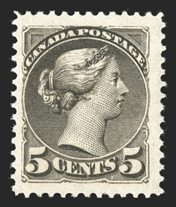 42, 1888 5c Gray, well centered within huge margins, lovely rich color, o.g., n.h., choice very fine rarely seen with margins this large 2010 Greene Foundation certificate
(Unitrade C$900.00)