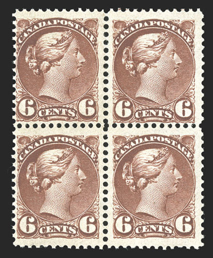 43, 1888 6c Red brown, mint block of four, the bottom right stamp is especially well centered within huge margins, deep rich color, o.g., top stamps lightly hinged, bottom
stamps never hinged, fine-very fine, with the bottom right stamp being a