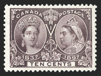 57, 1897 10c Jubilee, premium quality mint single, excellent centering within unusually wide margins, rich luxuriant color and a well incised impression, o.g., n.h., extremely
fine 2006 Gratton certificate (Unitrade C$600.00)