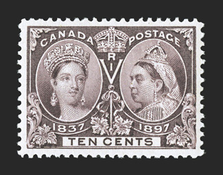 57, 1897 10c Jubilee, exceptionally well centered amid uncharacteristically large margins, deep intense color and a strong vivid impression, o.g., n.h., an extremely fine gem
1992 Greene Foundation certificate (Unitrade C$600.00).