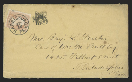 65, 3c Rose, tied by bold Harrisburgh, Pa.Apr 19 datestamp to cover to Philadelphia with 1866 enclosure, matching fancy square ornament handstamp alongside, cover with small
repaired corner at top left, extremely fine strike unlisted in Skin