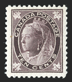 73, 1897 10c Brown violet Maple Leaf, well centered within particularly large margins, o.g., n.h., very fine 2010 Greene Foundation certificate (Unitrade
C$2,250.00)