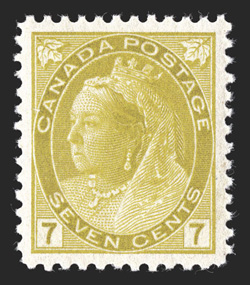 81, 1902 7c Olive yellow Numeral, uncommonly well centered within large margins, bright and fresh, unblemished o.g., n.h., extremely fine (Unitrade C$750.00).