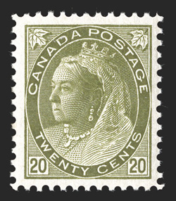 84, 1900 20c Olive green Numeral, brilliantly fresh, nicely centered and margined, pristine o.g., n.h., very fine 2009 Greene Foundation certificate (Unitrade
C$2,700.00).