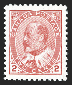 90, 1903 2c Carmine, Ty. II, highly select mint single, extraordinarily well centered within uniformly large margins, exceedingly bright color, o.g., n.h., extremely fine 2006
Greene Foundation certificate. (Unitrade C$210.00).