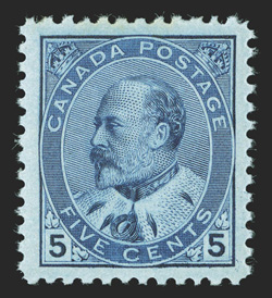 91, 1903 5c Blue on bluish, large and exceptionally well balanced margins all around, sumptuously rich color and a crisp impression, o.g., n.h., extremely fine 2009 Greene
Foundation certificate (Unitrade C$1,050.00).