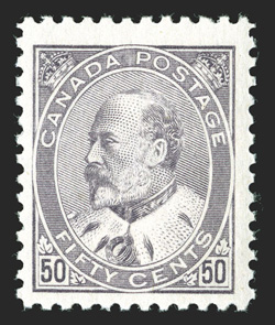 95, 1908 50c Purple, nicely centered, pleasing color in a slightly pale shade, o.g., n.h., very fine 2009 Greene Foundation certificate (Unitrade C$4,050.00).