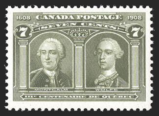 100, 1908 7c Tercentenary, well centered within large margins, strong rich color, pristine o.g., n.h., choice very fine (Unitrade C$750.00).