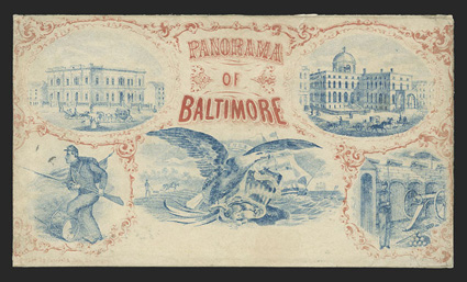 65, 3c Rose, tied to the reverse of a handsome all-over red and blue Hunckel design Panorama of Baltimore patriotic cover to Perry City, N.Y. by double circle Washington,
D.C.Nov 11, 1862 datestamp, cover with small corner repairs at bottom
