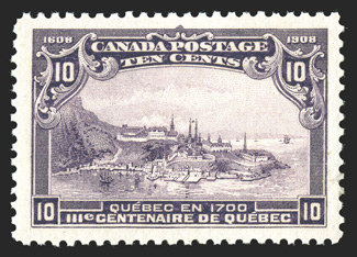 101, 1908 10c Tercentenary, a highly desirable mint example that is marvelously well centered amid extravagantly large margins, deeply rich color and a sharp detailed
impression, unblemished o.g., n.h., an extremely fine gem 2009 Greene Foundat