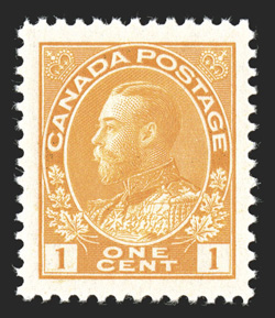 105d, 1922 1c Yellow, Die II, wet printing, perfectly centered within exceedingly large margins, bright color, o.g., n.h., extremely fine a lovely gem (Unitrade
C$75.00).