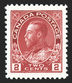 106, 1911 2c Carmine, an eye-catching mint single, featuring dazzling intense color and impression on bright white paper, plus it is flawlessly centered within especially
large margins, o.g., n.h., an extremely fine gem for the perfectionist (Un