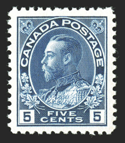 111, 1914 5c Dark blue, exceptionally well centered and margined, intense color in a dark shade, o.g., n.h., extremely fine (Unitrade C$600.00).