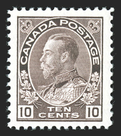 116, 1912 10c Plum, wet printing, well centered within exceptionally large margins, wonderfully fresh, o.g., n.h., choice very fine 2009 Greene Foundation certificate
(Unitrade C$1,200.00).