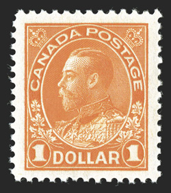 122, 1923 $1.00 Orange, dry printing, gorgeous mint example that possesses intense radiant color and a vivid impression, in addition it is exceedingly well centered within
large margins, flawless o.g., n.h., extremely fine (Unitrade C$450.00).