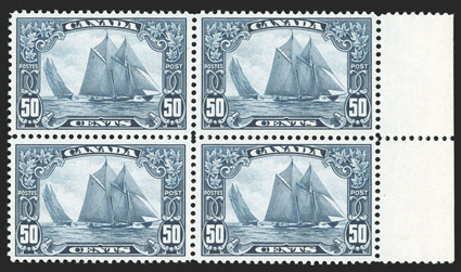 158, 1929 50c Dark blue Bluenose, choice right sheet-margin mint block of four, wonderfully well centered, pristine o.g., n.h., extremely fine.