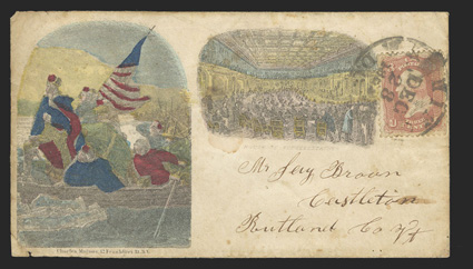 65, 3c Rose, tied by Washington, D.C. Dec 28, 1861 c.d.s. on multicolored Magnus patriotic cover of Washington crossing the Delaware and the House of Representatives, sent to
Vermont, includes the original contents headed Camp Palmer, cover