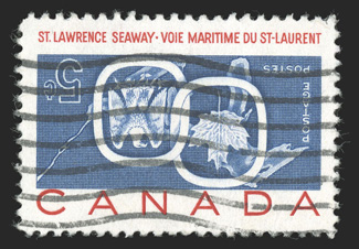 387a, 1959 5c St. Lawrence Seaway, center inverted, an especially choice used example of this always popular invert rarity, flawlessly centered amid balanced margins, neat and
unobtrusive wavy line machine cancel, extremely fine only 212 exampl