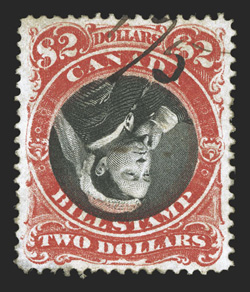 van Dam FB53a, 1868 $2.00 Third Bill revenue, Center Inverted, near perfect centering which is almost impossible to find on this rarity, strikingly intense colors and
impressions, small neat portion of a manuscript cancel, just a few gum soaked