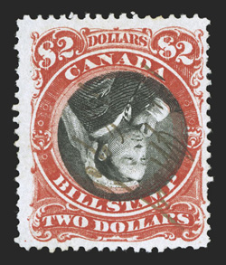 van Dam FB53a, 1868 $2.00 Third Bill revenue, Center Inverted, fairly well centered within unusually large margins, wonderfully fresh colors and impressions on bright paper,
neat small portion of a manuscript cancel, couple of shorter perforatio