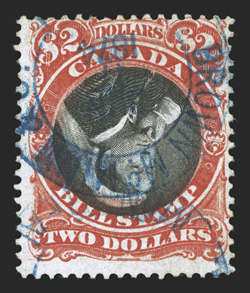 van Dam FB53a, 1868 $2.00 Third Bill revenue, Center Inverted, used, cancelled solely by a desirable blue handstamp cancel (dated 1874) and one of the few existing copies to
not have been cancelled in manuscript, centered a bit to top right, str