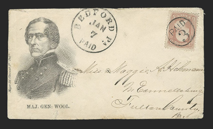 65, 3c Rose, cancelled by Paid3 in circle on Major General Wool patriotic cover, matching Bedford, Pa.PaidJan 7 datestamp, cover with small edge flaws, still very fine and
scarce 2009 PF certificate.