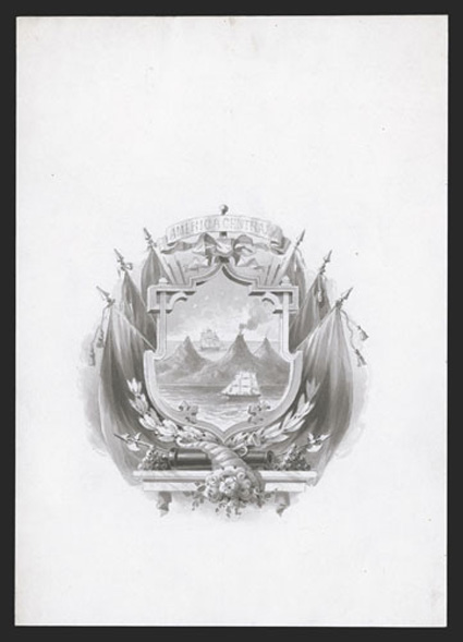 Costa Rican Coat of Arms large wash pen and ink drawing on heavy card measuring 175x245mm, prepared by the American Bank Note Company as the model for the central vignette
featured on the 1863 First Issues, manuscript American Bank Note Co.New