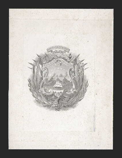 Costa Rican Coat of Arms large die proof on India mounted on 75x102mm card, used by the American Bank Note Company as the model for the central vignette featured on the 1863
First Issues, just the faintest trace of pinpoint toning specks, very fi