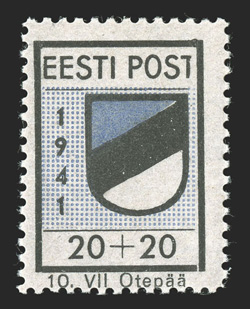 Otepaa Michel 1 A I, 1941 20+20K Black and blue, T in POST without horizontal stroke at right, post office fresh, o.g., n.h., very fine signed Krischke.