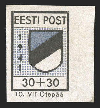Otepaa Michel 2 B I, II, 1941 30+30K Black and blue imperforate, Types I and II, right sheet-margin singles of each, with large margins on the other three sides, o.g., Ty. I
l.h. and Ty. II n.h., extremely fine only 270 copies of the imperforat
