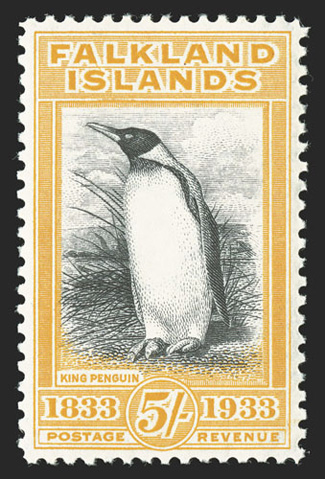 74, 1933 5- Centenary, well centered and fresh, o.g., never hinged, faint natural gum bend, very fine (S.G. 136 for hinged £700).