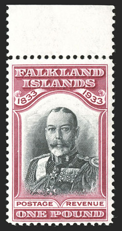 76, 1933 £1 Centenary, an exceptionally fresh top sheet-margin single, rich vibrant colors on pristine white paper, o.g., never hinged (hinged in the selvage only), very fine
2009 Ceremuga certificate (S.G. 138 for hinged £1,900).