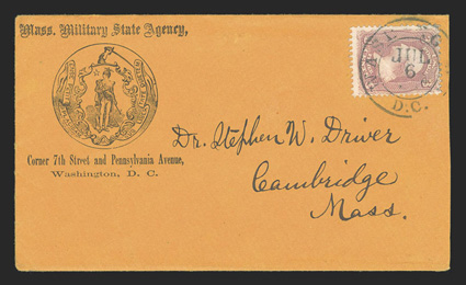 65, 3c Rose, tied by Washington, D.C. Jul 6 double-ring pmk. on orange cover with Mass. Military State Agency imprint and illustration, with original contents, being a seven
page letter on Mass. Soldiers Relief Assoc. stationery, giving a