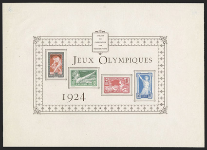 198-201P, 1924 10c-50c Olympic games, collective proof, full sized proof measuring 276x198mm, unusually fresh and clean for this, small thins in the top corners, very fine
appearance and quite scarce (Yvert 183-86).