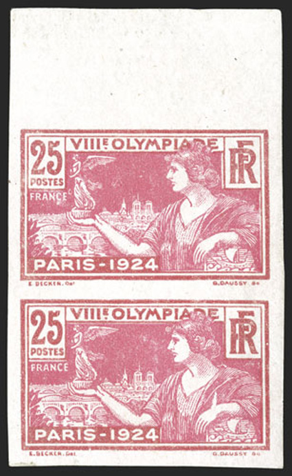 198a-201a, 1924 10c-50c Olympic games imperforate cplt., sheet-margin singles of each, except 25c a top sheet-margin vertical pair. large even margins, o.g., l.h., extremely
fine and rare 10c, 30c and 50c signed Brun and others (Yvert 183a-186