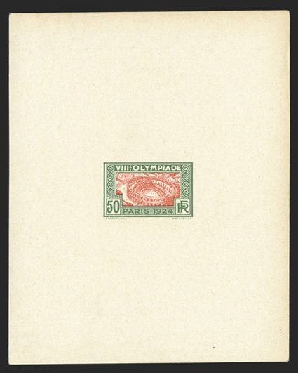 201E, 1924 50c Olympic stadium, large die bi-colored essays in five different color combinations, each a full sized 113x142mm proof, one with a trivial thin in the corner,
still a very fine and rare set of these sought-after essays (Ceres 186).