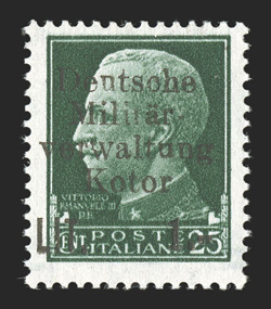 Kotor Michel 2P, 1944 1LIT on 25c Dark Green DeutscheMilitarverwaltungKotor trial surcharge in black instead of red, fresh and well centered, o.g., n.h., very fine and rare
signed Pickenpack.