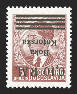 Kotor Michel 7 K, 1944 0,10 R.M.BokaKotorska surcharge on 3d Lilac brown, inverted surcharge, fresh and well centered, o.g., n.h., extremely fine signed Ludin twice and
accompanied by his 1977 certificate.