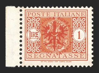 Laibach Michel 1P, 5P, 8P, 1944 5c Brown, 30c on 50c Violet and 1L Orange postage dues, trial overprints in colors different than issued cplt., o.g., l.h., fine-very fine 5c
signed J Bar and with 1987 Krischke certificate, 30c signed J Bar and