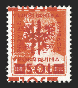 Laibach Michel 19 DK, 1944 50L on 1.75L Red orange, double surcharge, one inverted, well centered, o.g., l.h., very fine only 100 stamps were discovered 1986 Krischke
certificate.